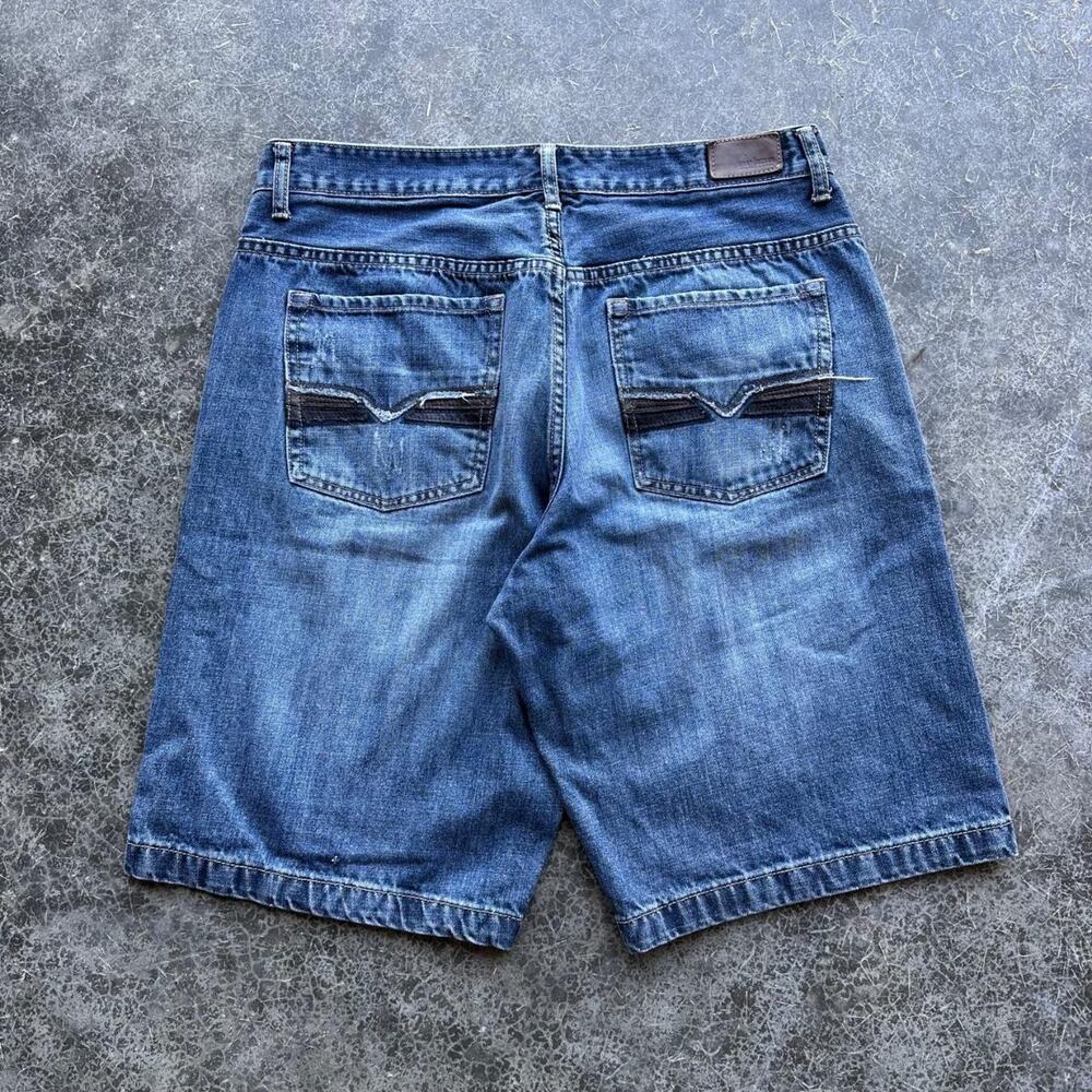 Y2K 2000s Urban Pipeline Fades Indigo Embroidered Tribal Baggy  Shorts Jorts 36